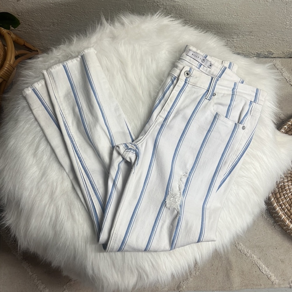 Striped Ankle Cropped Jeans in White & Light Blue -